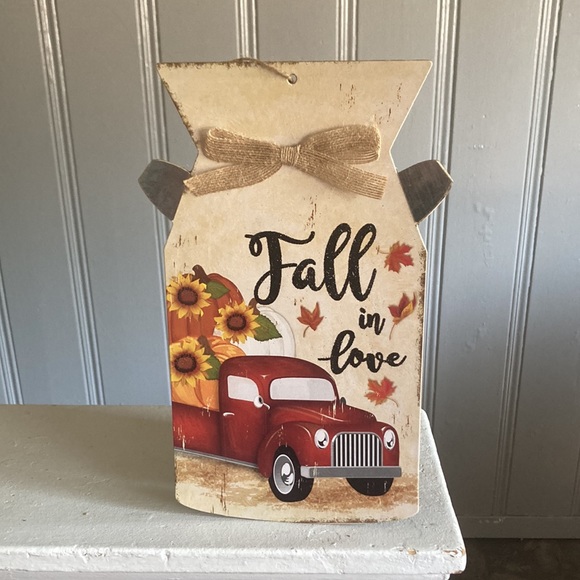 NWT Glittered FALL IN LOVE Harvest Red Farm Truck Wood Milk Jug Decoration Sign - Picture 16 of 17